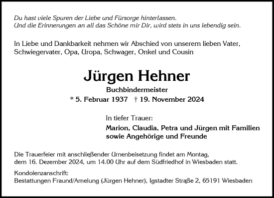 Traueranzeige von Jürgen Hehner von Wiesbadener Kurier