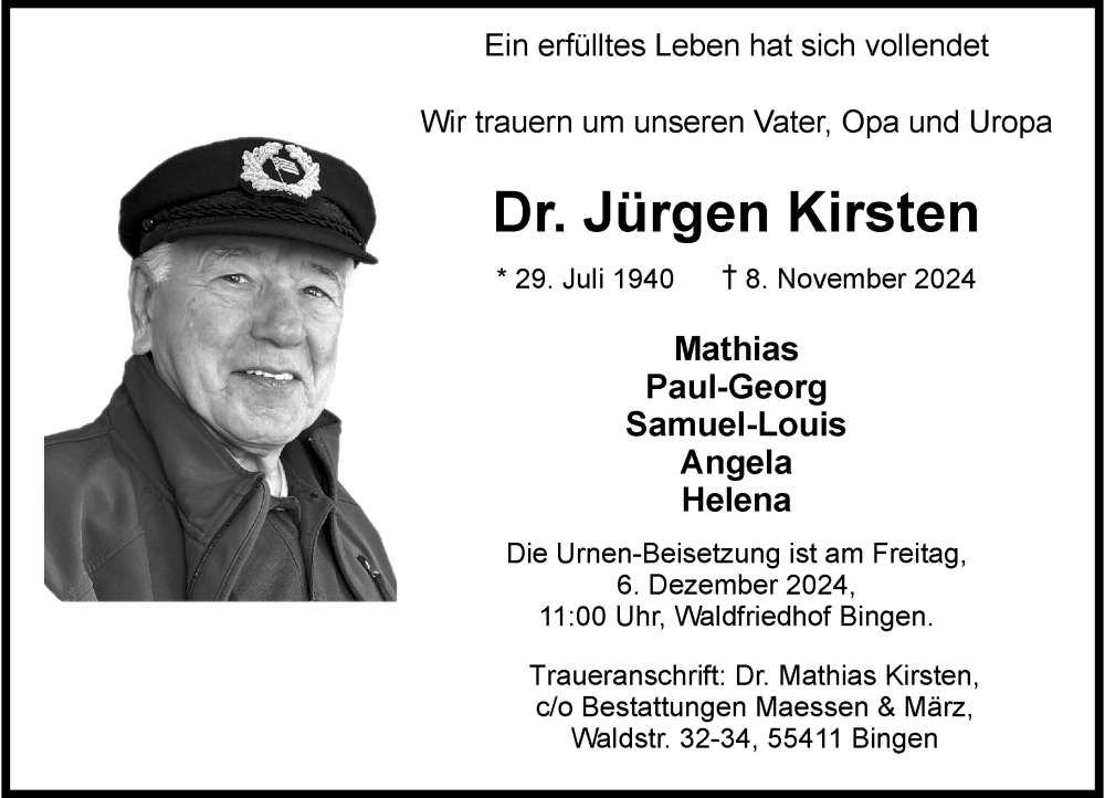  Traueranzeige für Jürgen Kirsten vom 30.11.2024 aus Allgemeine Zeitung Rheinhessen-Nahe