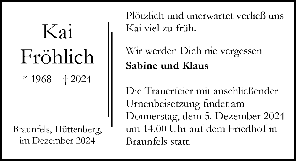  Traueranzeige für Kai Fröhlich vom 30.11.2024 aus Wetzlarer Neue Zeitung