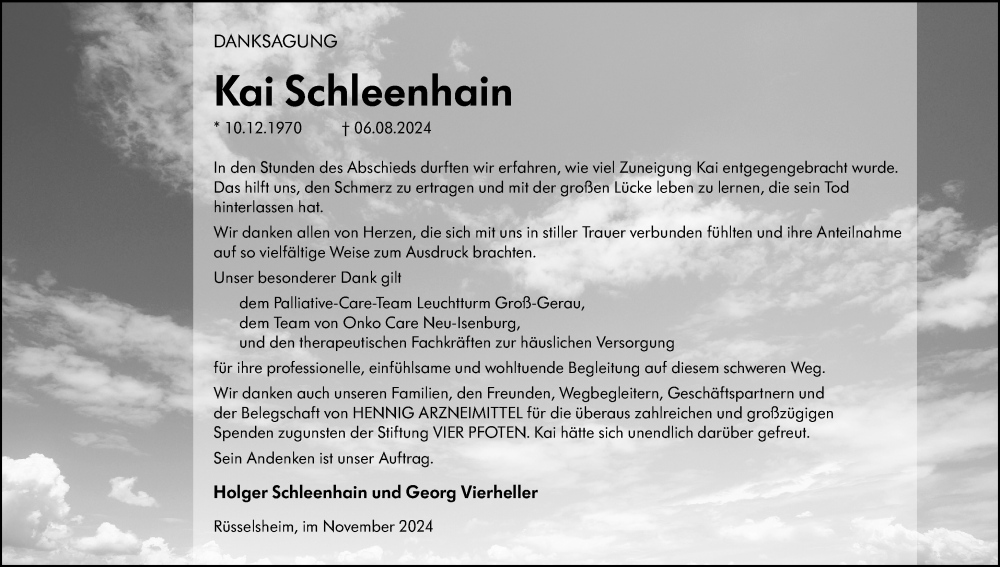  Traueranzeige für Kai Schleenhain vom 09.11.2024 aus Rüsselsheimer Echo