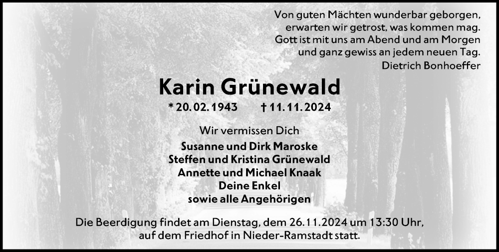  Traueranzeige für Karin Grünewald vom 16.11.2024 aus Darmstädter Echo