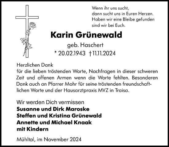 Traueranzeige von Karin Grünewald von Darmstädter Echo