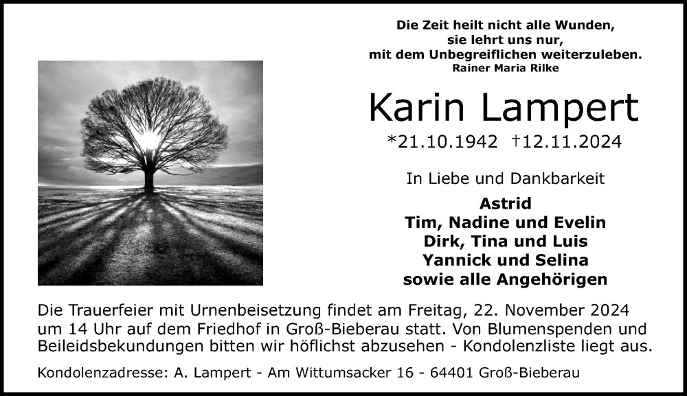  Traueranzeige für Karin Lampert vom 16.11.2024 aus Darmstädter Echo