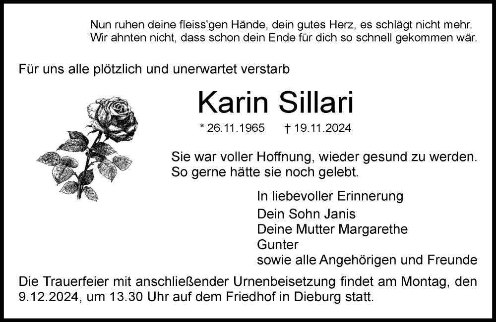  Traueranzeige für Karin Sillari vom 30.11.2024 aus Darmstädter Echo