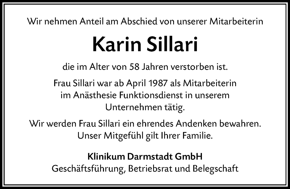  Traueranzeige für Karin Sillari vom 30.11.2024 aus Darmstädter Echo