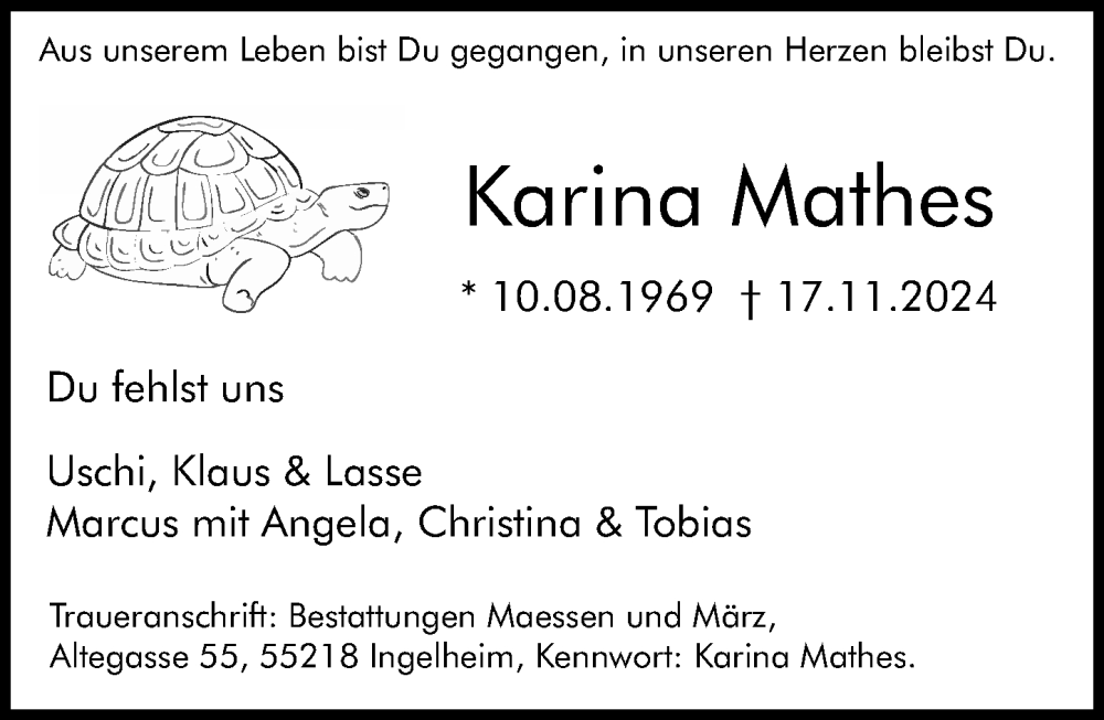  Traueranzeige für Karina Mathes vom 23.11.2024 aus Allgemeine Zeitung Rheinhessen-Nahe