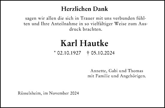 Traueranzeige von Karl Hautke von Rüsselsheimer Echo