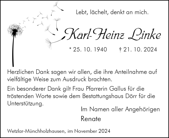 Traueranzeige von Karl-Heinz Linke von Wetzlarer Neue Zeitung