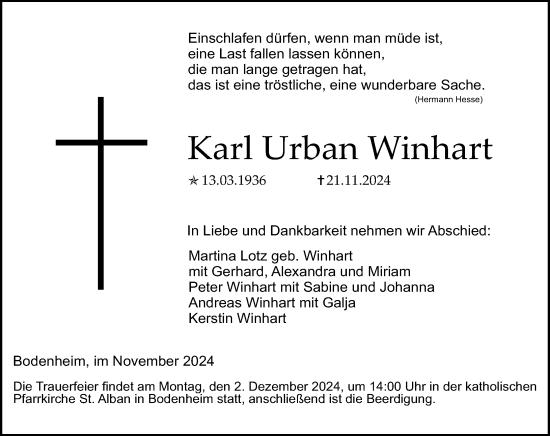Traueranzeige von Karl Urban Winhart von Allgemeine Zeitung Mainz