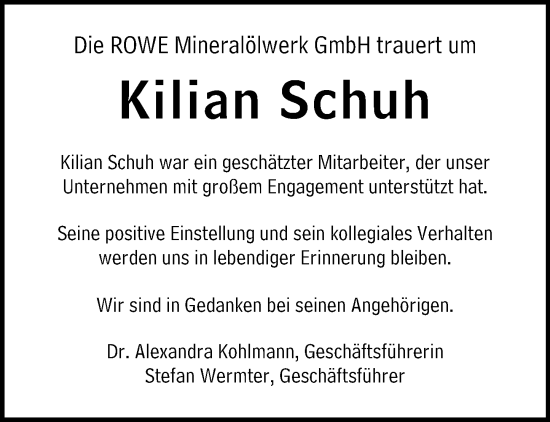 Traueranzeige von Kilian Schuh von Wormser Zeitung