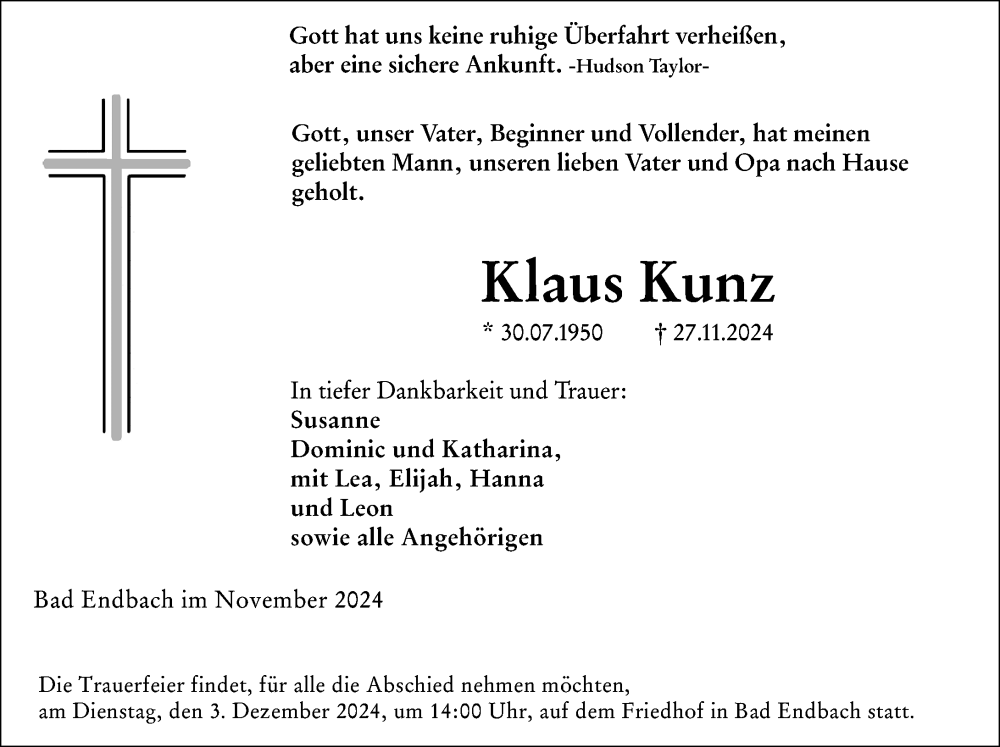  Traueranzeige für Klaus Kunz vom 29.11.2024 aus Hinterländer Anzeiger
