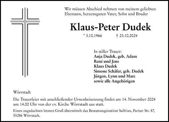 Traueranzeige von Klaus-Peter Dudek von Allgemeine Zeitung Alzey