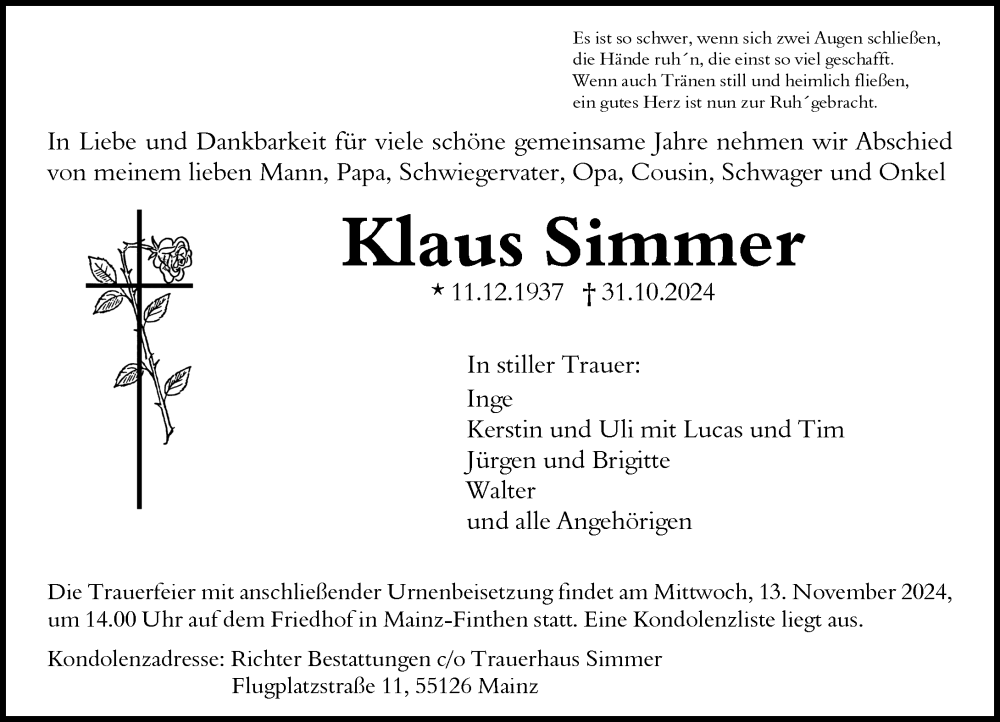 Traueranzeige für Klaus Simmer vom 09.11.2024 aus Allgemeine Zeitung Mainz