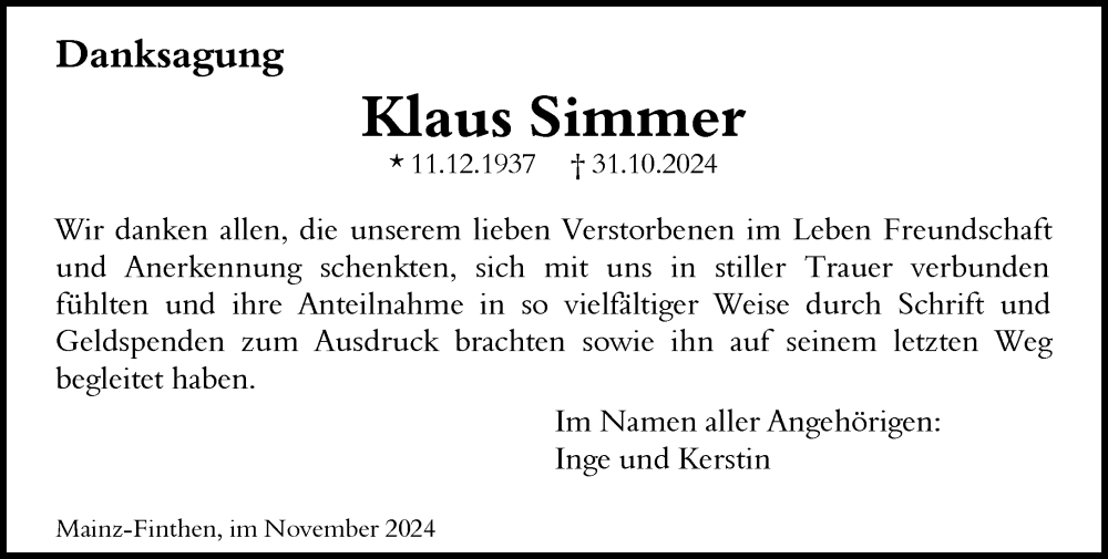  Traueranzeige für Klaus Simmer vom 30.11.2024 aus Allgemeine Zeitung Mainz