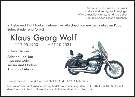 Traueranzeige von Klaus Georg Wolf von Allgemeine Zeitung Mainz