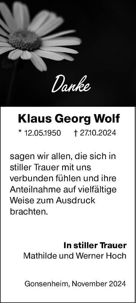 Traueranzeige von Klaus Georg Wolf von Allgemeine Zeitung Mainz