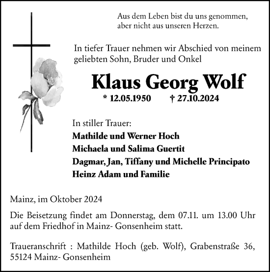 Traueranzeige von Klaus Georg Wolf von Allgemeine Zeitung Mainz