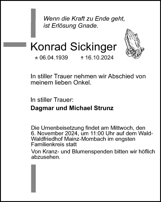 Traueranzeige von Konrad Sickinger von Allgemeine Zeitung Mainz
