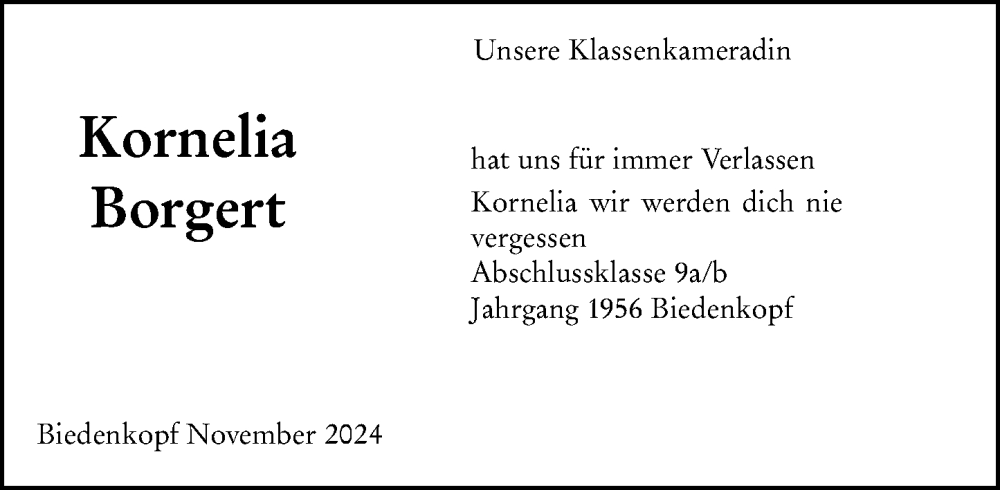  Traueranzeige für Kornelia Borgert vom 18.11.2024 aus Hinterländer Anzeiger