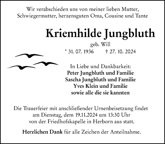 Traueranzeige von Kriemhilde Jungbluth von Dill Block