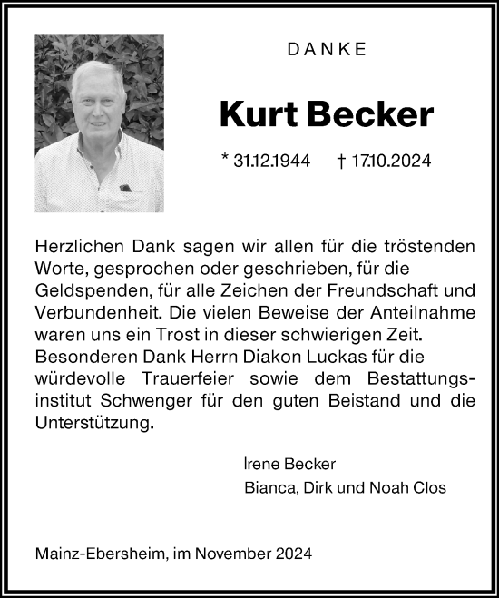 Traueranzeige von Kurt Becker von Allgemeine Zeitung Mainz
