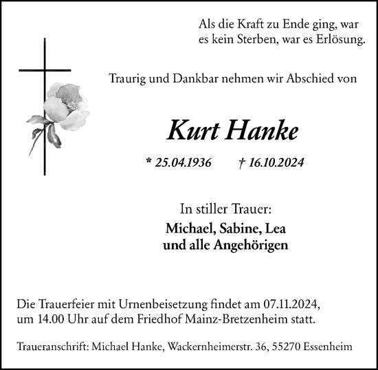 Traueranzeige von Kurt Hanke von Allgemeine Zeitung Mainz