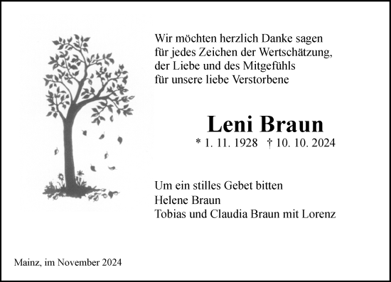 Traueranzeige von Leni Braun von Allgemeine Zeitung Mainz