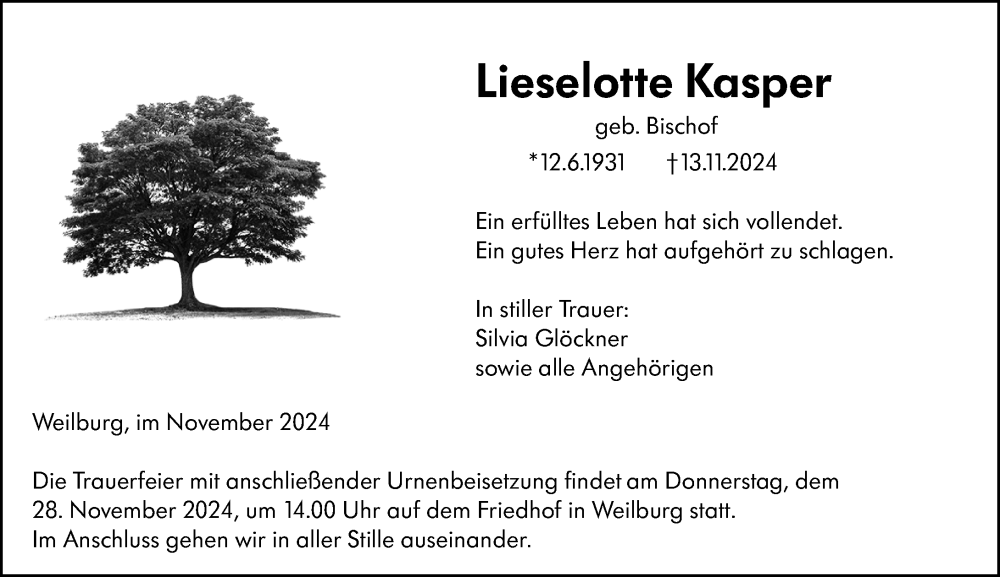  Traueranzeige für Lieselotte Kasper vom 23.11.2024 aus Weilburger Tageblatt