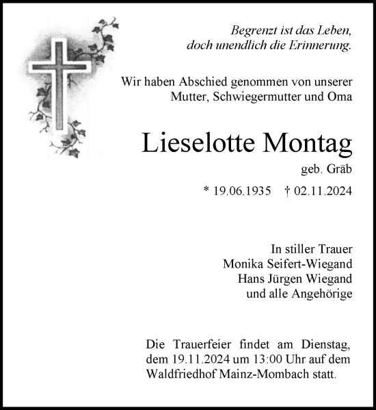 Traueranzeige von Lieselotte Montag von Allgemeine Zeitung Mainz