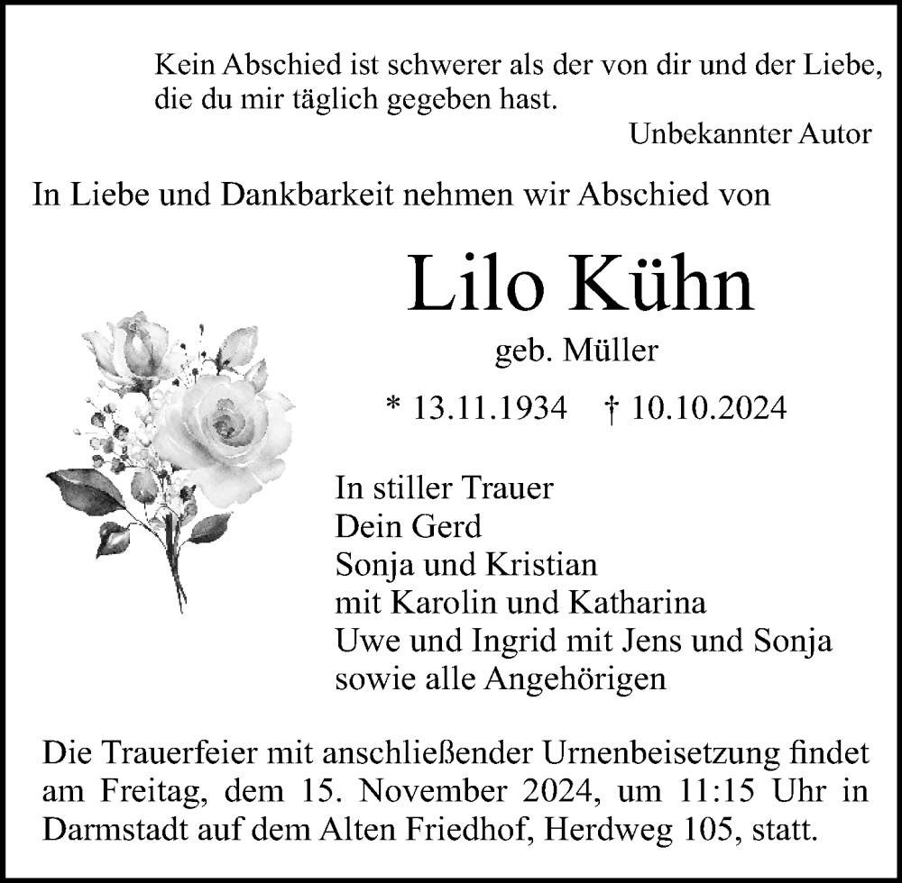  Traueranzeige für Lilo Kühn vom 09.11.2024 aus Darmstädter Echo
