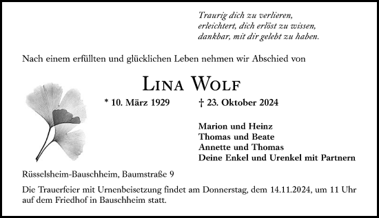 Traueranzeige von Lina Wolf von Rüsselsheimer Echo