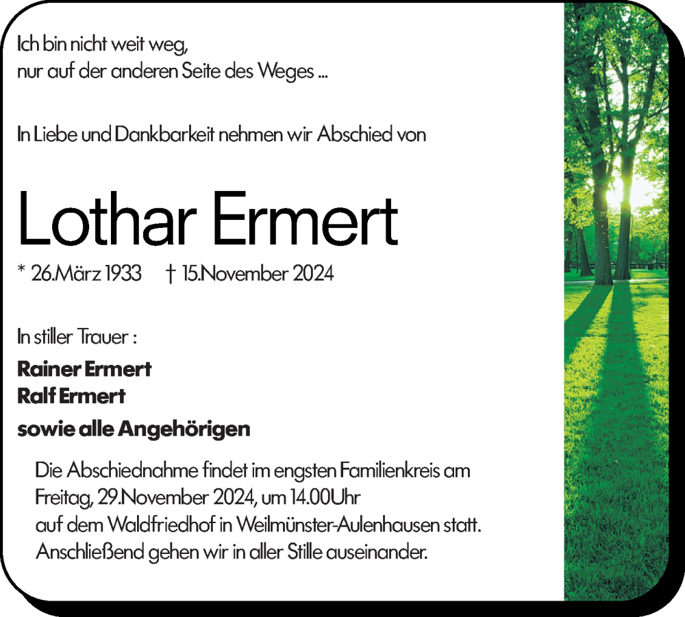  Traueranzeige für Lothar Ermert vom 29.11.2024 aus Weilburger Tageblatt