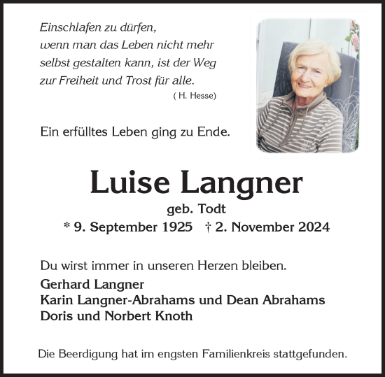 Traueranzeige von Luise Langner von Wiesbadener Kurier