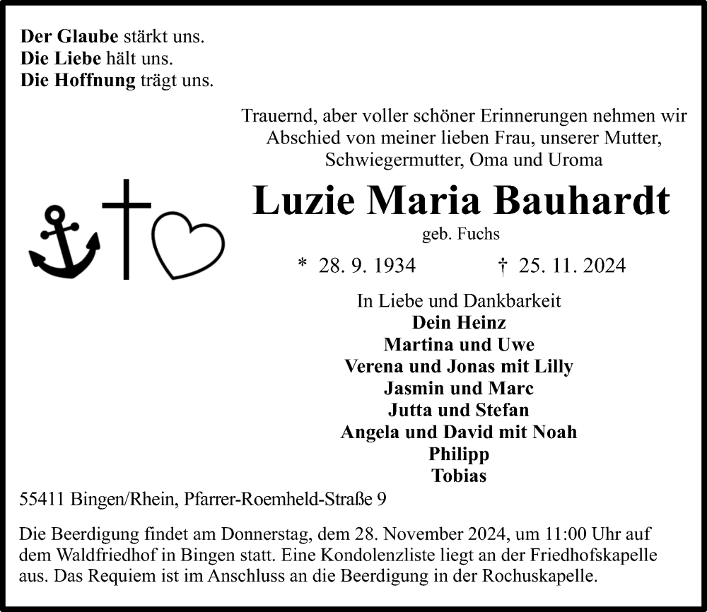 Traueranzeige für Luzie Maria Bauhardt vom 27.11.2024 aus Allgemeine Zeitung Rheinhessen-Nahe