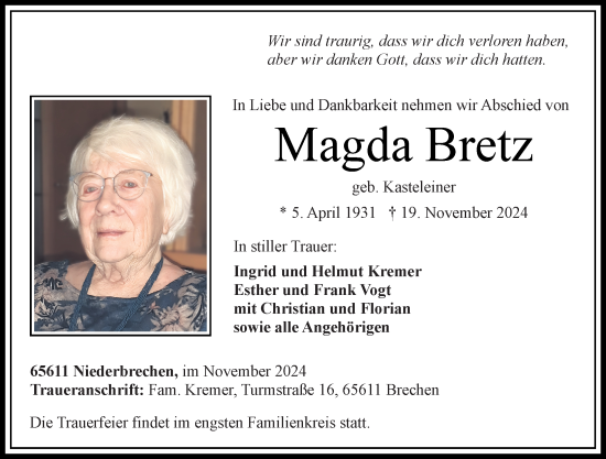 Traueranzeige von Magda Bretz von Camberger Anzeiger