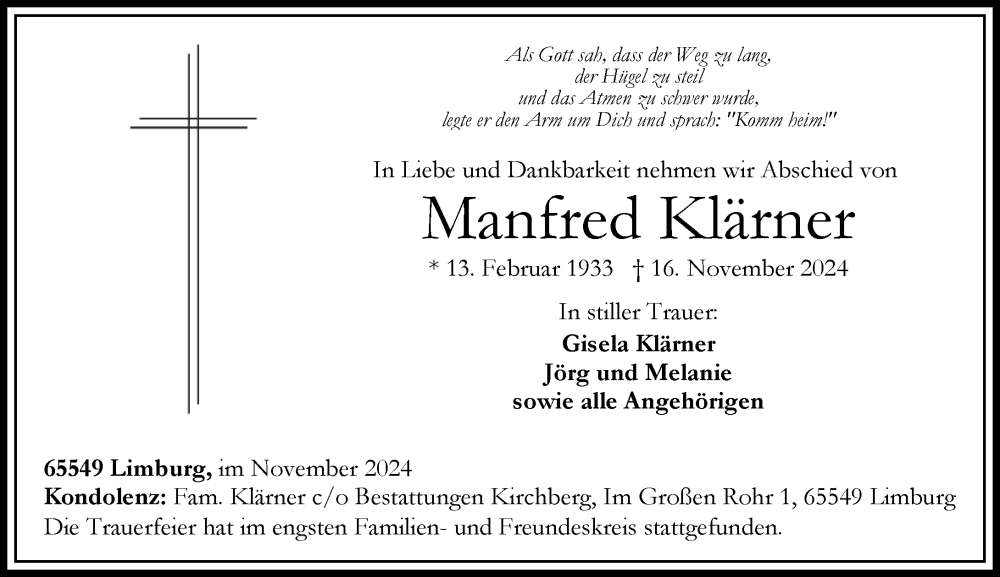  Traueranzeige für Manfred Klärner vom 23.11.2024 aus Nassauische Neue Presse