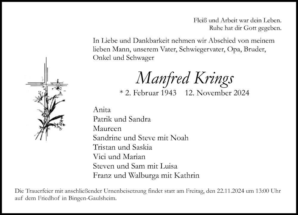  Traueranzeige für Manfred Krings vom 16.11.2024 aus Allgemeine Zeitung Rheinhessen-Nahe