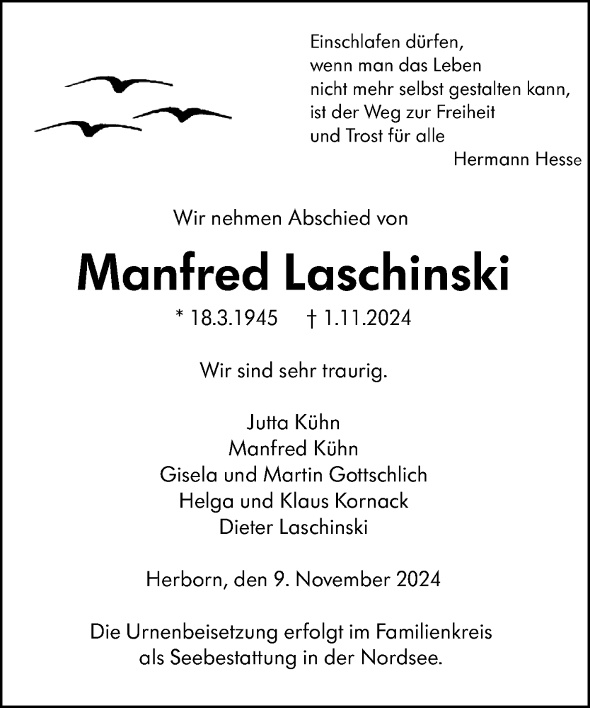  Traueranzeige für Manfred Laschinski vom 09.11.2024 aus Dill Block