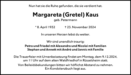 Traueranzeige von Margareta Kaus von Rüsselsheimer Echo