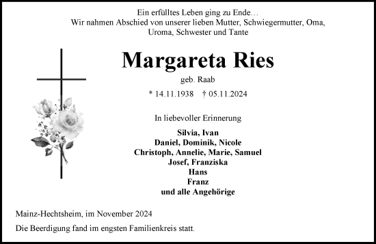 Traueranzeige von Margareta Ries von Allgemeine Zeitung Mainz