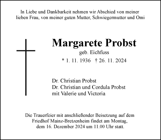 Traueranzeige von Margarete Probst von Allgemeine Zeitung Mainz
