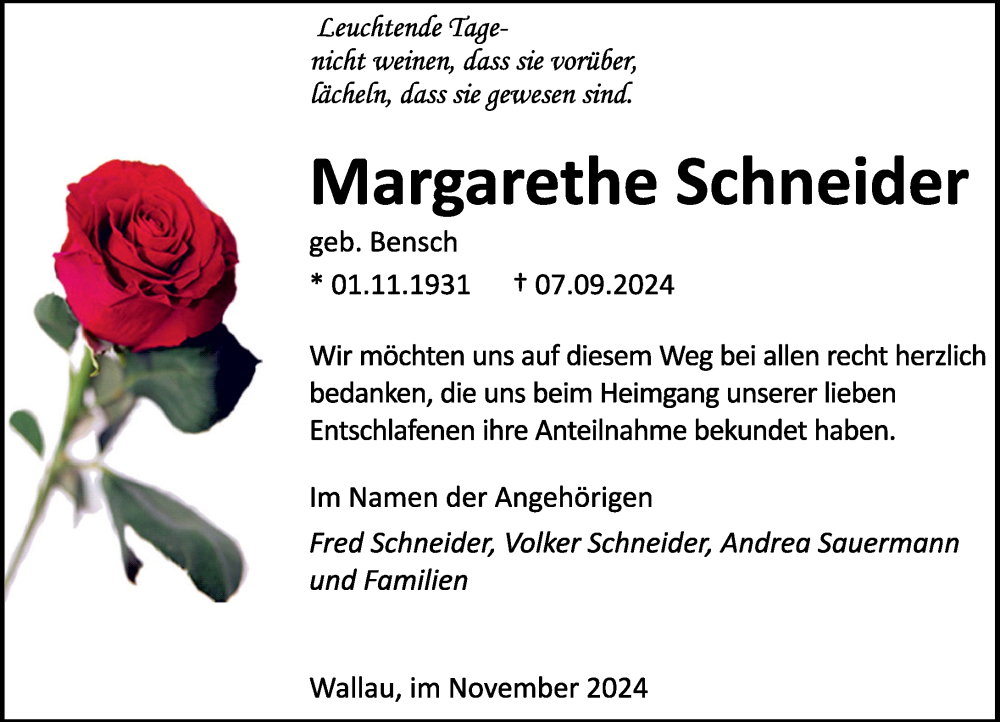 Traueranzeige für Margarethe Schneider vom 02.11.2024 aus Hinterländer Anzeiger
