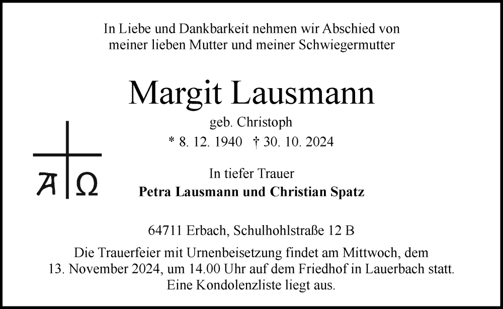  Traueranzeige für Margit Lausmann vom 09.11.2024 aus Odenwälder Echo