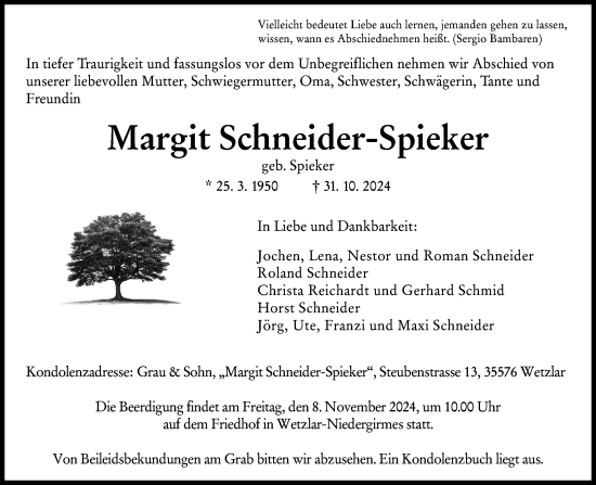 Traueranzeige von Margit Schneider-Spieker von Wetzlarer Neue Zeitung