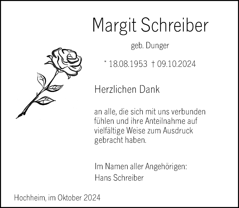  Traueranzeige für Margit Schreiber vom 01.11.2024 aus Hochheimer Zeitung