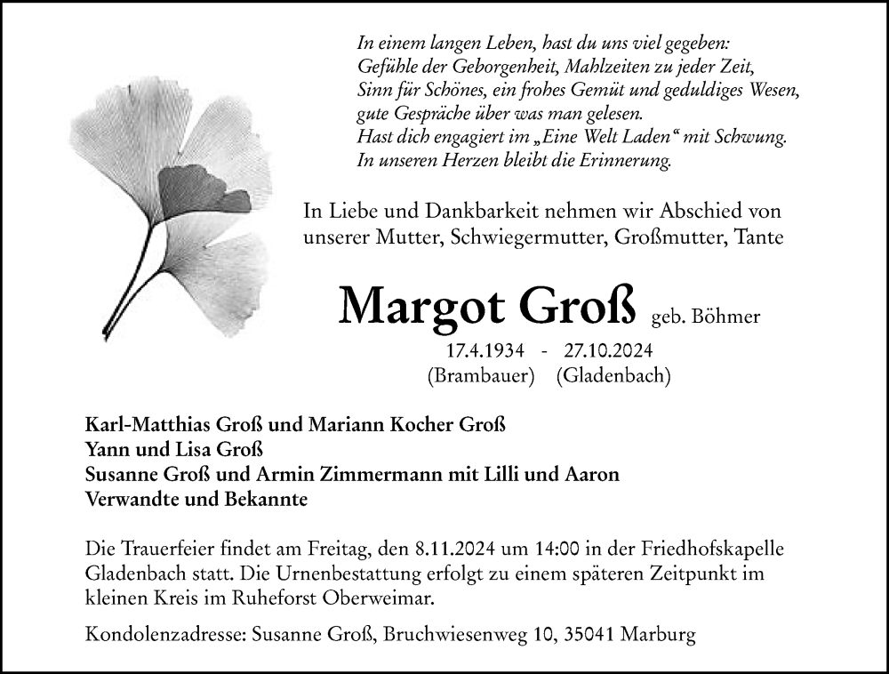  Traueranzeige für Margot Groß vom 02.11.2024 aus Hinterländer Anzeiger