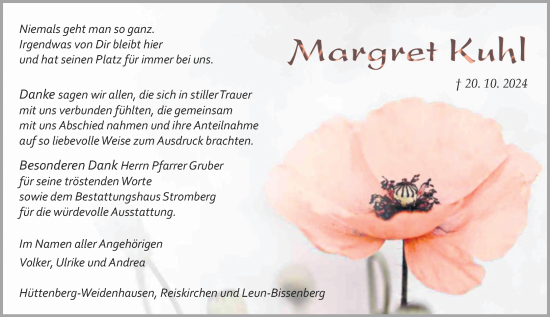 Traueranzeige von Margret Kuhl von Wetzlarer Neue Zeitung