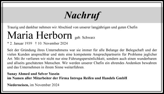 Traueranzeige von Maria Herborn von Nassauische Neue Presse