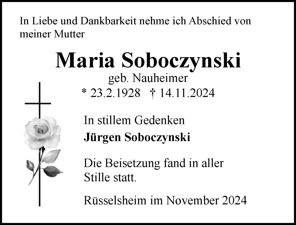  Traueranzeige für Maria Soboczynski vom 30.11.2024 aus Rüsselsheimer Echo