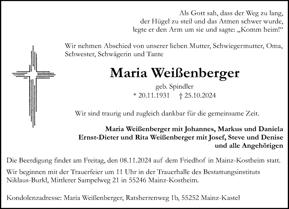  Traueranzeige für Maria Weißenberger vom 02.11.2024 aus Allgemeine Zeitung Mainz